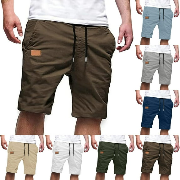 Wyobmus Plus Size Mens Cargo Shorts with Leather Patch Summer Workout Shorts Drawstring Waist Casual Lightweight Beach Shorts White