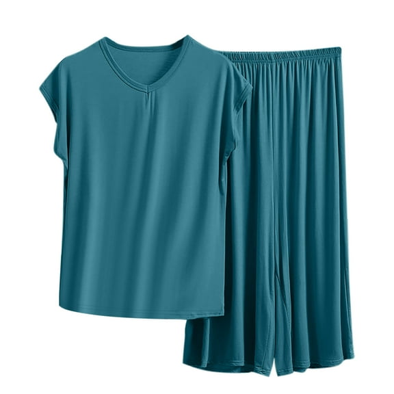 Wyobums Plus Size Pajama Set for Women 2 Piece Round Neck Sleepwear Short Sleeve Tshirt Matching Elastic Waist Pants Modal Pjs Set 1X-5X Olive Green