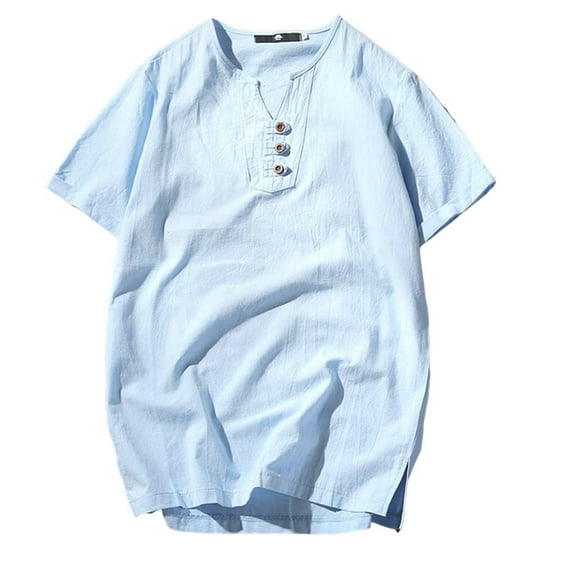 Wyobmus Plus Size Summer Shirt for Men Cotton Linen Loose Fit Short Sleeve T Shirts Button Up V Neck Hippie Beach Tops Sky Blue