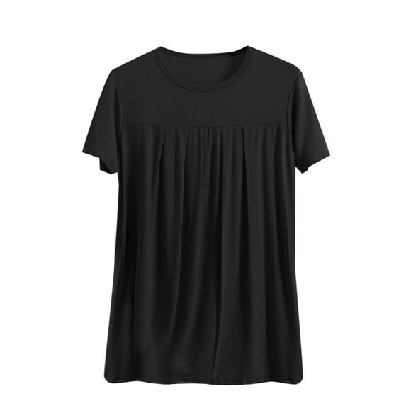 Wyobmus Plus Size Tops for Women Oversized Casual Round Neck Ruched Front Solid Color Short Sleeve Baggy Blouse 1X-5X Black