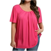 WYOBMUS Plus Size Tops for Women Short Sleeve Tunics Loose Fit Contracted Shirt Crew Neck Pleated Solid Casual Dressy Blouses L-5X Hot Pink