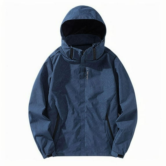 Wyobmus Plus Size Windbreaker Jackets for Men Solid Color Waterproof Drawstring Pockets Detachable Hooded Outdoor Jacket Coat Dark Blue
