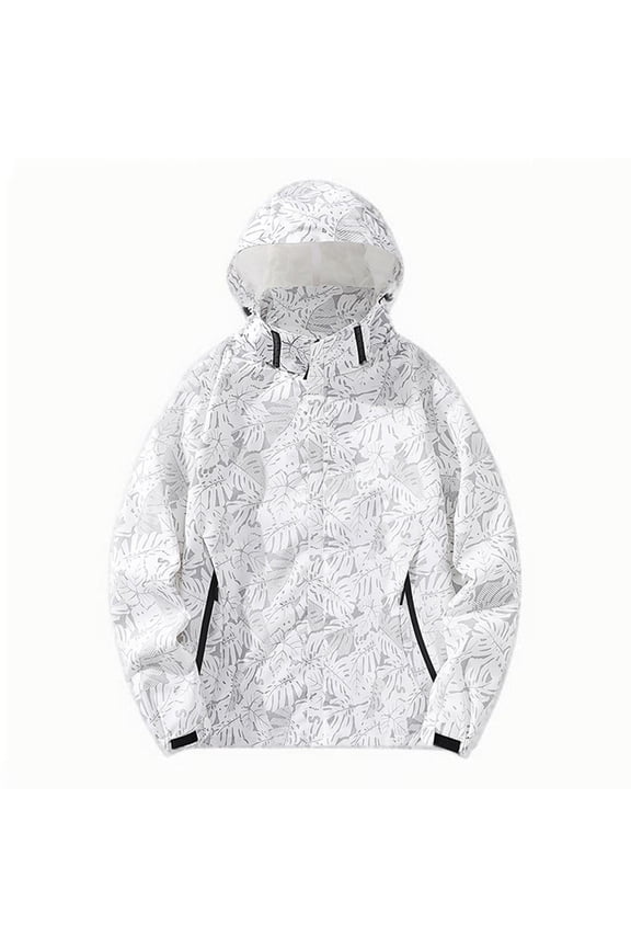 Plus Size Windbreaker Jackets for Men Solid Color Waterproof Drawstring Pockets Detachable Hooded Outdoor Jacket Coat White