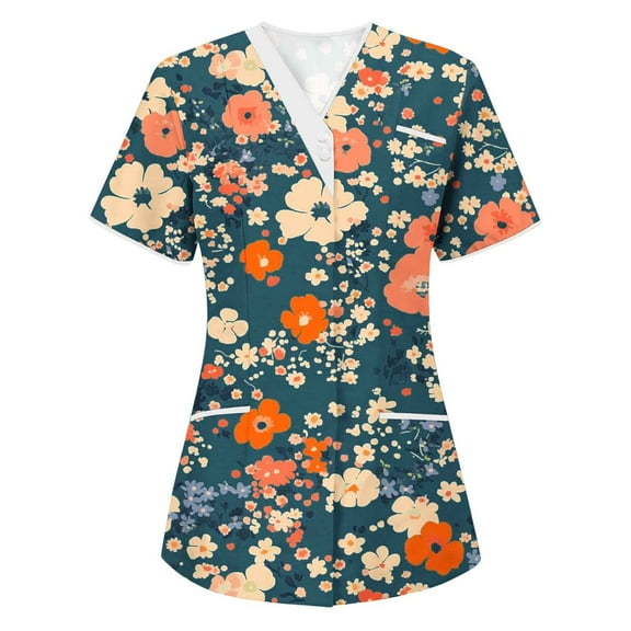 Wyobmus Printed Scrubs Top for Women 4-Way Stretch V Neck Short Sleeve Working Shirts Plus Size Scraubs Uniform With 3 Pockets D-Multicolor