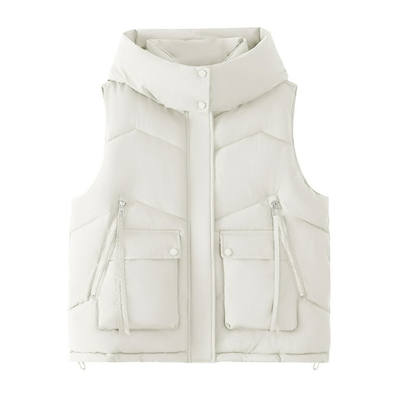 Wyobmus Puffer Vest for Women Sleeveless Hooded Quilted Jacket Lightweight Cropped Puffer Jacekt Casual Winter Warm Zip Up Coat Outerwear C-White