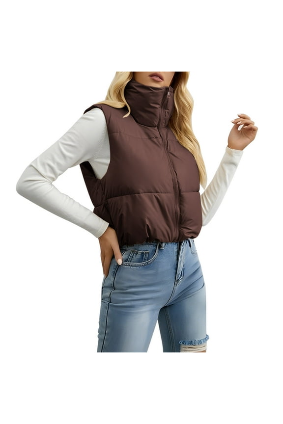 Puffer Vest for Women Sleeveless Winter Cropped Outerwear Warm Bubble Lightweight Flip Collar Down Vest with Pockets B-Coffee