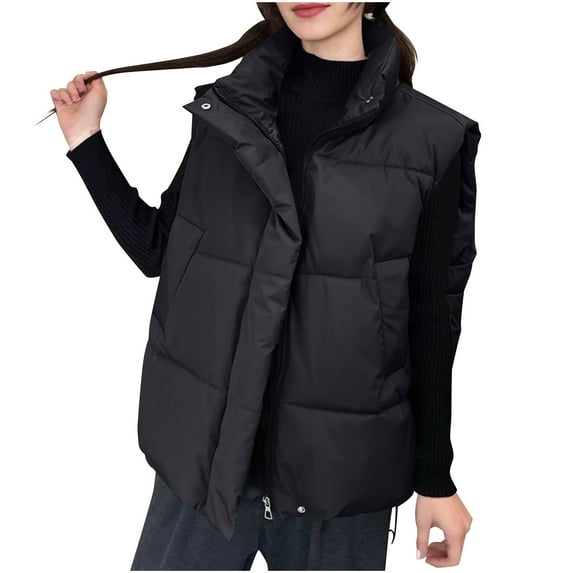 Wyobmus Puffer Vest for Women Sleeveless Winter Cropped Outerwear Warm Bubble Lightweight Flip Collar Down Vest with Pockets C-Black