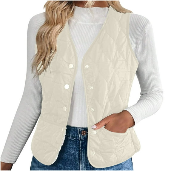 Wyobmus Quilted Vest for Women Lightweight Sleeveless V-Neck Puffer Padded Jackets Button Up Stand Collar Fall Winter Coat with Pockets B-Beige