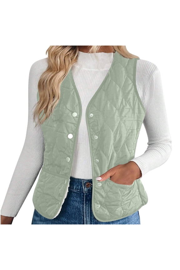 Quilted Vest for Women Lightweight Sleeveless V-Neck Puffer Padded Jackets Button Up Stand Collar Fall Winter Coat with Pockets B-Green