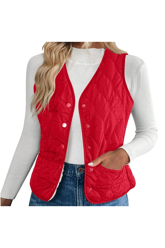 Quilted Vest for Women Lightweight Sleeveless V-Neck Puffer Padded Jackets Button Up Stand Collar Fall Winter Coat with Pockets B-Red