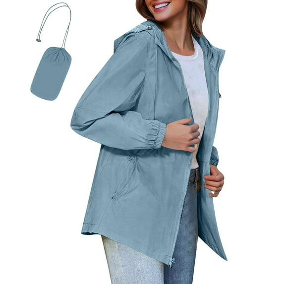 Wyobmus Rain Jacket for Women Waterproof with Hood Lightweight Packable Rain Coat Outdoor Hooded Windbreaker C-Blue