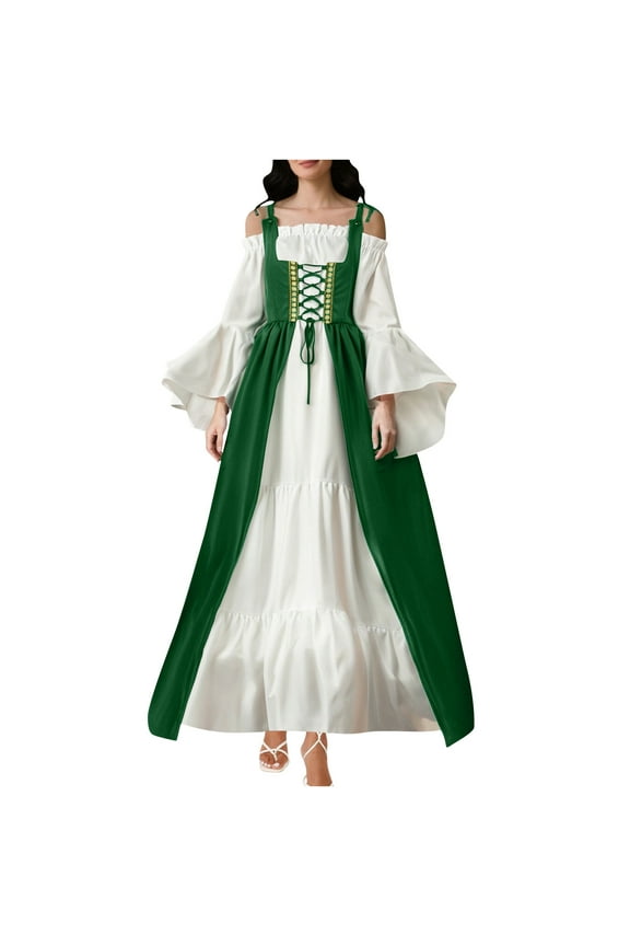 Renaissance Dress for Women Medieval Victorian Swing Dress Batwing Sleeve Victorian Gothic Off Shoulder Dress Fairy Pirate Witch Wedding Dress B-Green