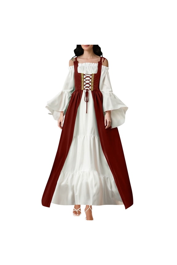 Renaissance Dress for Women Medieval Victorian Swing Dress Batwing Sleeve Victorian Gothic Off Shoulder Dress Fairy Pirate Witch Wedding Dress B-Red