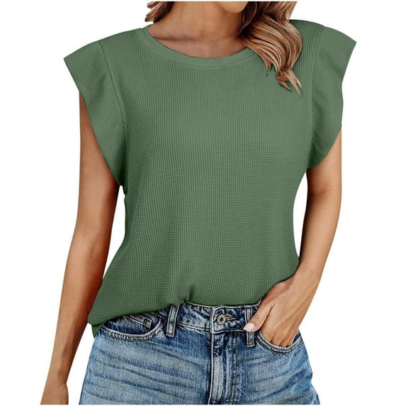 Wyobmus Ruffled Sleeve Tops for Women 2025 Trendy Sleeveless Tank Tops Loose Waffle Knit Casual Basic Summer Tunic Top A-Olive Green
