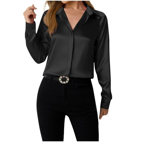 Wyobmus Satin Silk Button Down Shirts for Women Long/Short Sleeve Dress Shirts Casual Work Office Silky Blouse Top A-Black
