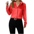 thumbnail image 1 of Wyobmus Satin Silk Button Down Shirts for Women Long/Short Sleeve Dress Shirts Casual Work Office Silky Blouse Top A-Red, 1 of 5