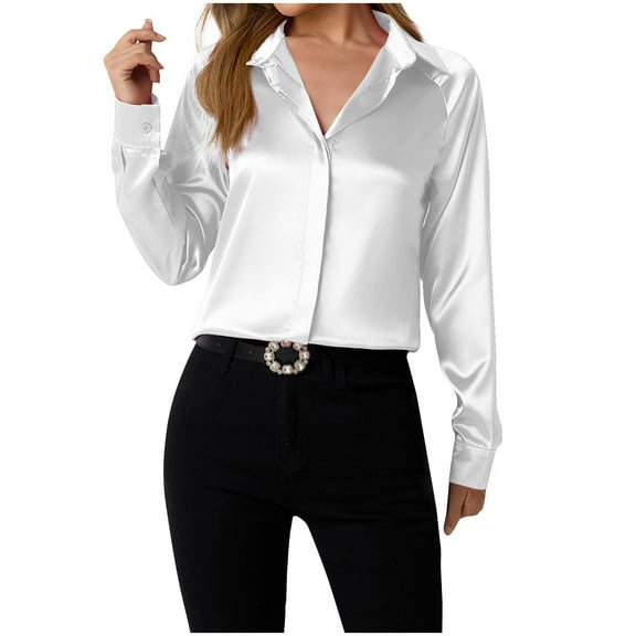 Wyobmus Satin Silk Button Down Shirts for Women Long/Short Sleeve Dress Shirts Casual Work Office Silky Blouse Top A-White