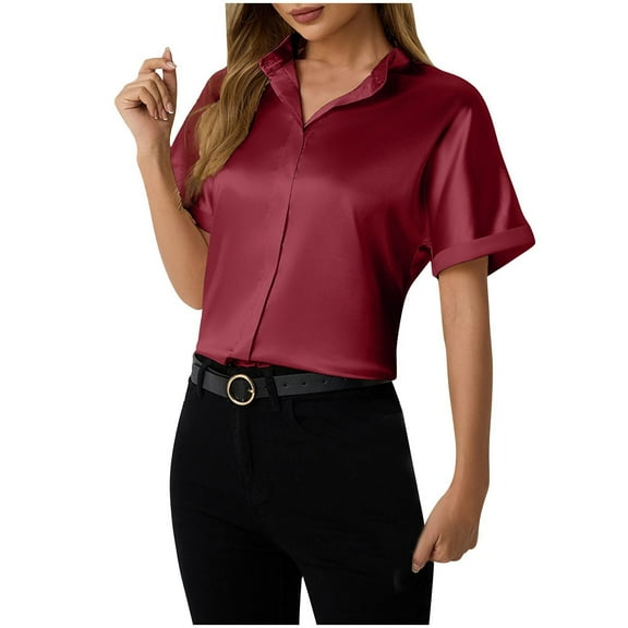 Wyobmus Satin Silk Button Down Shirts for Women Long/Short Sleeve Dress Shirts Casual Work Office Silky Blouse Top B-Burgundy