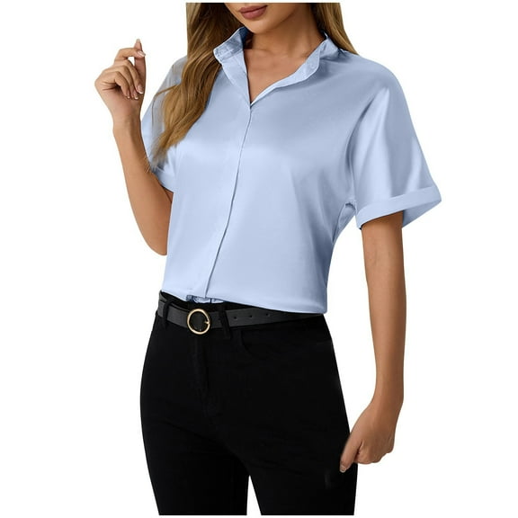 Wyobmus Satin Silk Button Down Shirts for Women Long/Short Sleeve Dress Shirts Casual Work Office Silky Blouse Top B-Light Blue