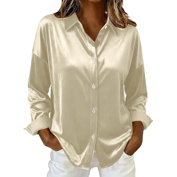 Wyobmus Satin Silk Button Down Shirts for Women Stretch Dress Shirts Long Sleeve Office Work Shirt Ladies Wrinkle Free Business Blouses B-Khaki