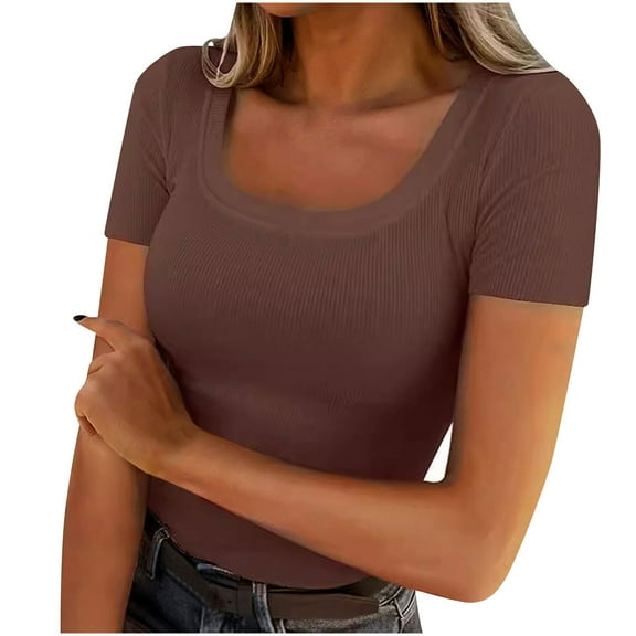 Wyobmus Scoop Neck Basic T Shirt for Women Slim Fit Short Sleeve Tees Y2K Going Out Tops Solid Cute Tight Shirts Coffee