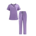 thumbnail image 1 of Wyobmus Scrub Sets for Men and Woman Unisex Drawstring Scrub Set V-Neck Short Sleeve Scrub Top and Jogger Pants Nurse Uniform with Pockets A-Purple, 1 of 9