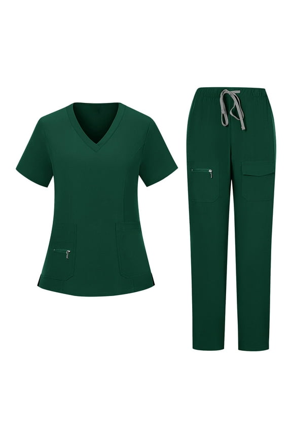 Scrub Suit Set for Women Solid Short Sleeve Cross V-Neck Top & Tapered Leg Jogger Pants With Drawstring And Pockets Soft Work Uniforms Set Olive Green