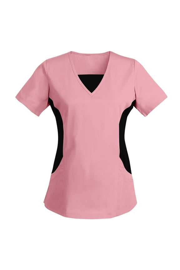 Scrub Tops for Women Classic Fit Patchworked V Neck Short Sleeve Nurse Scrubs Solid Color Four-Way Stretch Scrub Top T-Shirt With Pockets S-2X A-Pink