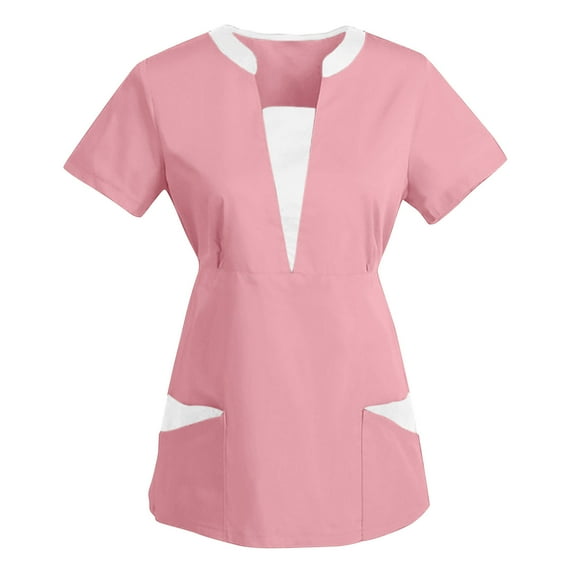 Wyobmus Scrub Tops for Women Classic Fit Patchworked V Neck Short Sleeve Nurse Scrubs Solid Color Four-Way Stretch Scrub Top T-Shirt With Pockets S-2X B-Pink