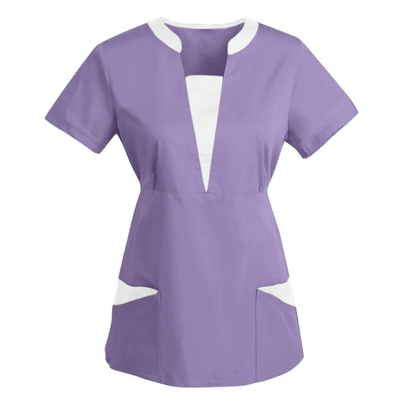 Wyobmus Scrub Tops for Women Classic Fit Patchworked V Neck Short Sleeve Nurse Scrubs Solid Color Four-Way Stretch Scrub Top T-Shirt With Pockets S-2X B-Purple
