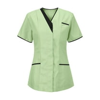 Wyobmus Scrub Tops for Women Soft 4-Way Stretch V Neck Regular Fit Scrub Shirts With 3 Pockets Color Block Nursing Tunic Uniforms A-Green