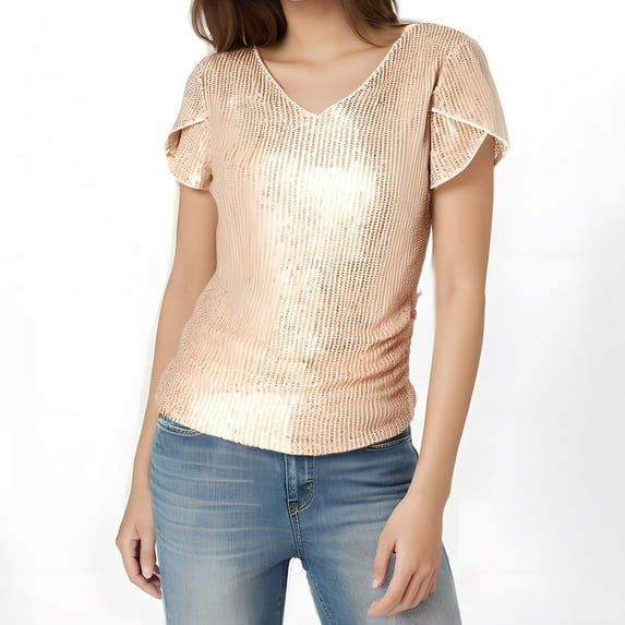 Wyobmus Sequin Sparkly Tops for Women Reffled Short Sleeve V Neck Tops Solid Color Sequin Glitter Shirt for Party Evening Cocktail S-2X Rose Gold