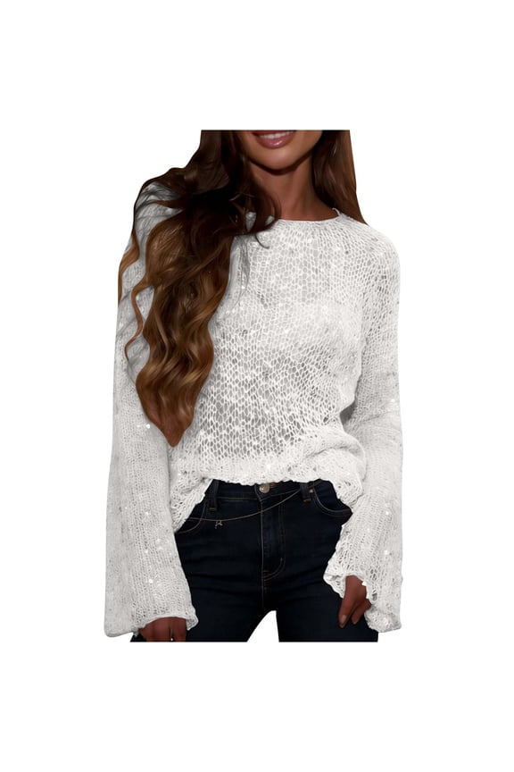 Sequin Tops for Women Long Sleeve Eyelet Lace Hollow Out Embroidered Top Blouse Glitter Crew Neck Blouses for Disco,Party,Evening Club B-White