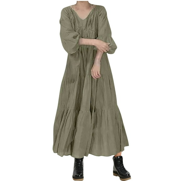 Wyobmus Short Sleeves Maxi Dress for Women A Line Summer Dress Puff Sleeve V-Neck Casual Loose Layering Shirt Dress Olive Green