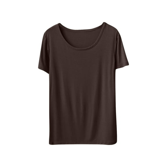 Wyobmus Sleep Shirts For Women Short Sleeve Pajama Tops Modal Round Neck Solid Color Base Shirt Coffee