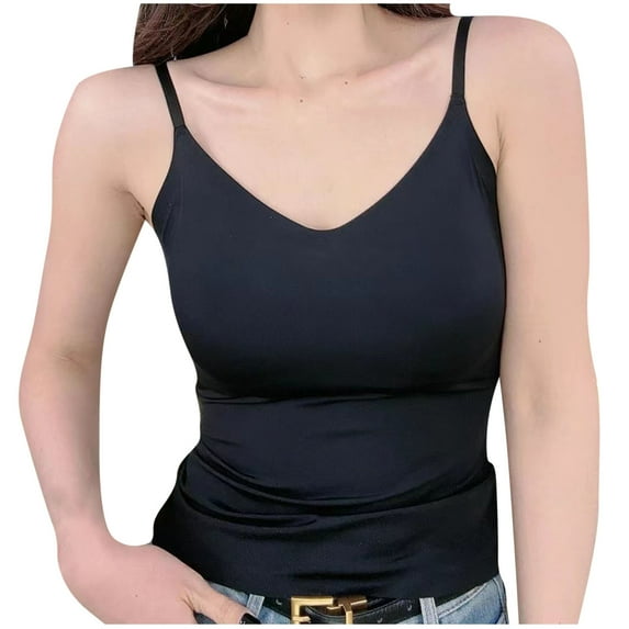 Wyobmus Spaghetti Strap Tank Tops for Women Basic Solid Camisole Undershirt Solid Color Dance Outfit Yoga Clothes With Chest Pad B-Black