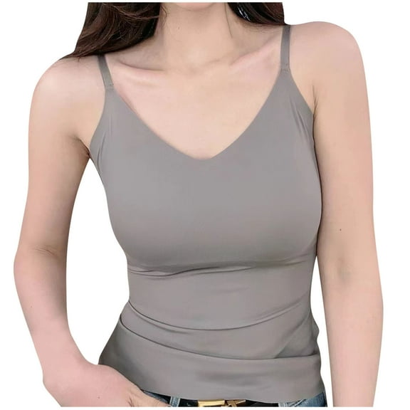 Wyobmus Spaghetti Strap Tank Tops for Women Basic Solid Camisole Undershirt Solid Color Dance Outfit Yoga Clothes With Chest Pad B-Gray