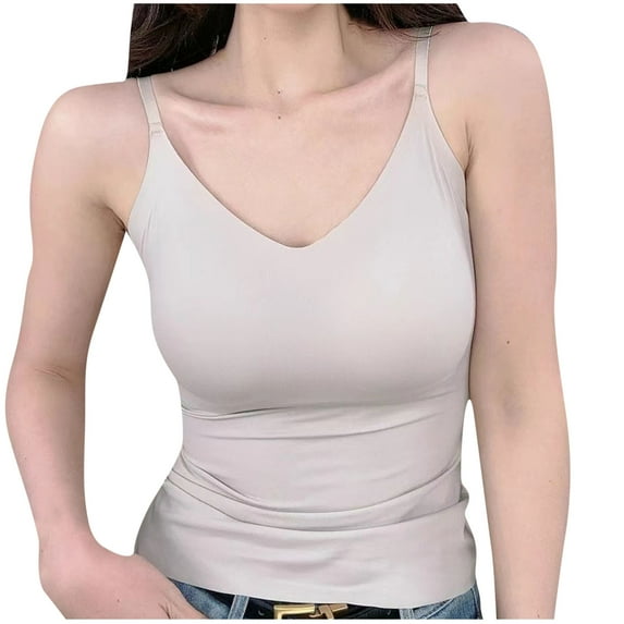 Wyobmus Spaghetti Strap Tank Tops for Women Basic Solid Camisole Undershirt Solid Color Dance Outfit Yoga Clothes With Chest Pad B-Khaki