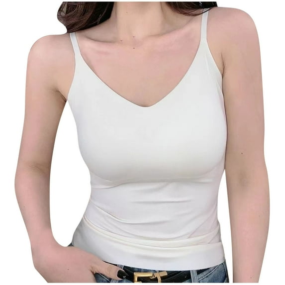Wyobmus Spaghetti Strap Tank Tops for Women Basic Solid Camisole Undershirt Solid Color Dance Outfit Yoga Clothes With Chest Pad B-White