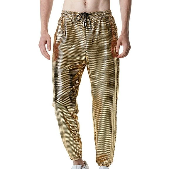 Wyobmus Sparkly Metallic Pants for Men Drawstring Waist Nightclub Argyle Gilding Sequin Joggers Gold