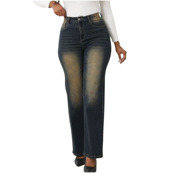 Wyobmus Straight Leg Jeans for Women Stretch High Waisted Wide Leg Jeans Distressed Y2K Boyfriend Baggy Denim Pants Navy