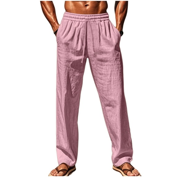Wyobmus Straight Leg Linen Pants for Men Summer Cotton Lounge Pants Drawstring Waist Open Bottom Jersey Pants with Pockets Pink