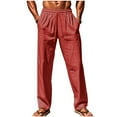 thumbnail image 1 of Wyobmus Straight Leg Linen Pants for Men Summer Cotton Lounge Pants Drawstring Waist Open Bottom Jersey Pants with Pockets Red, 1 of 8
