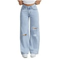 thumbnail image 1 of Wyobums Straight Leg Ripped Jeans for Women Casual High Waisted Wide Leg Jeans Stretch Bow Washed Denim Pants with Pockets J-Light Blue, 1 of 7