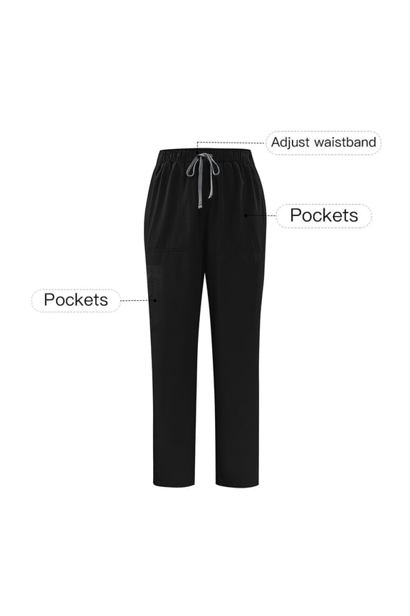 Straight Leg Scrub Pants for Women Solid Color Elastic Waist Drawstring Work Trousers Comfy Stretch Pull-On Lounge Pants with Multi-Pockets B-Black