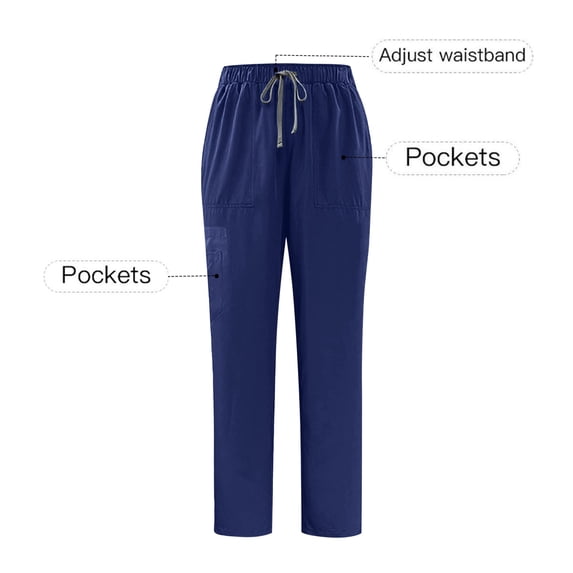 Wyobmus Straight Leg Scrub Pants for Women Solid Color Elastic Waist Drawstring Work Trousers Comfy Stretch Pull-On Lounge Pants with Multi-Pockets B-Dark Blue