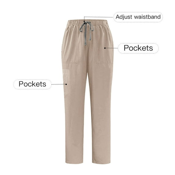 Wyobmus Straight Leg Scrub Pants for Women Solid Color Elastic Waist Drawstring Work Trousers Comfy Stretch Pull-On Lounge Pants with Multi-Pockets B-Khaki
