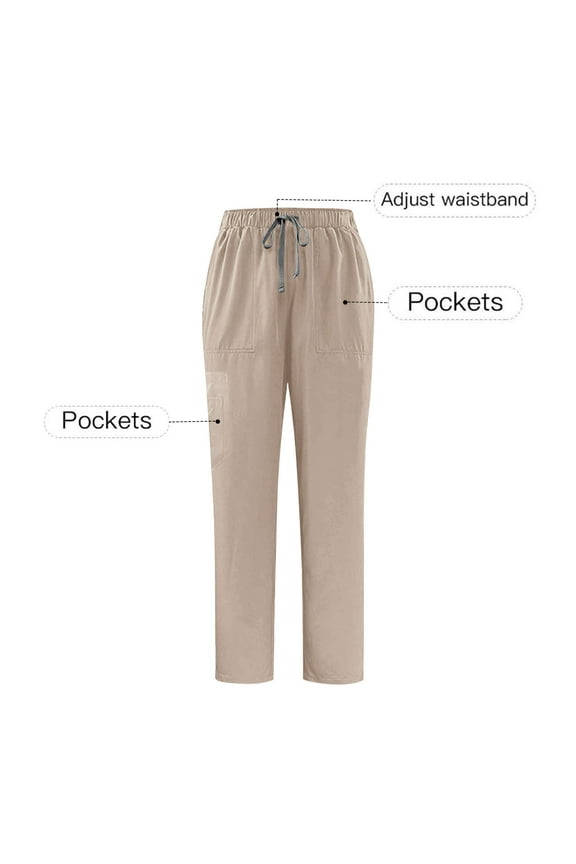 Straight Leg Scrub Pants for Women Solid Color Elastic Waist Drawstring Work Trousers Comfy Stretch Pull-On Lounge Pants with Multi-Pockets B-Khaki