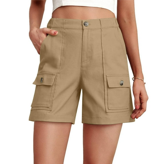 Wyobmus Stretchy Cargo Shorts for Women High Waisted Hiking Shorts Summer Solid Color Trendy Work Pants With Multi Pockets Khaki