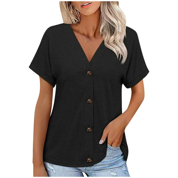 Wyobmus Summer Button Down Shirt for Women Casual Solid Color Short Sleeve V Neck Tops Front Open Button Cardigan Blouse 2025 Trendy Clothes Black